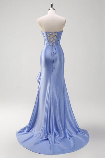 Sparkly grigio blu sirena senza spalline volant corsetto raso lungo abito da cerimonia con fessura